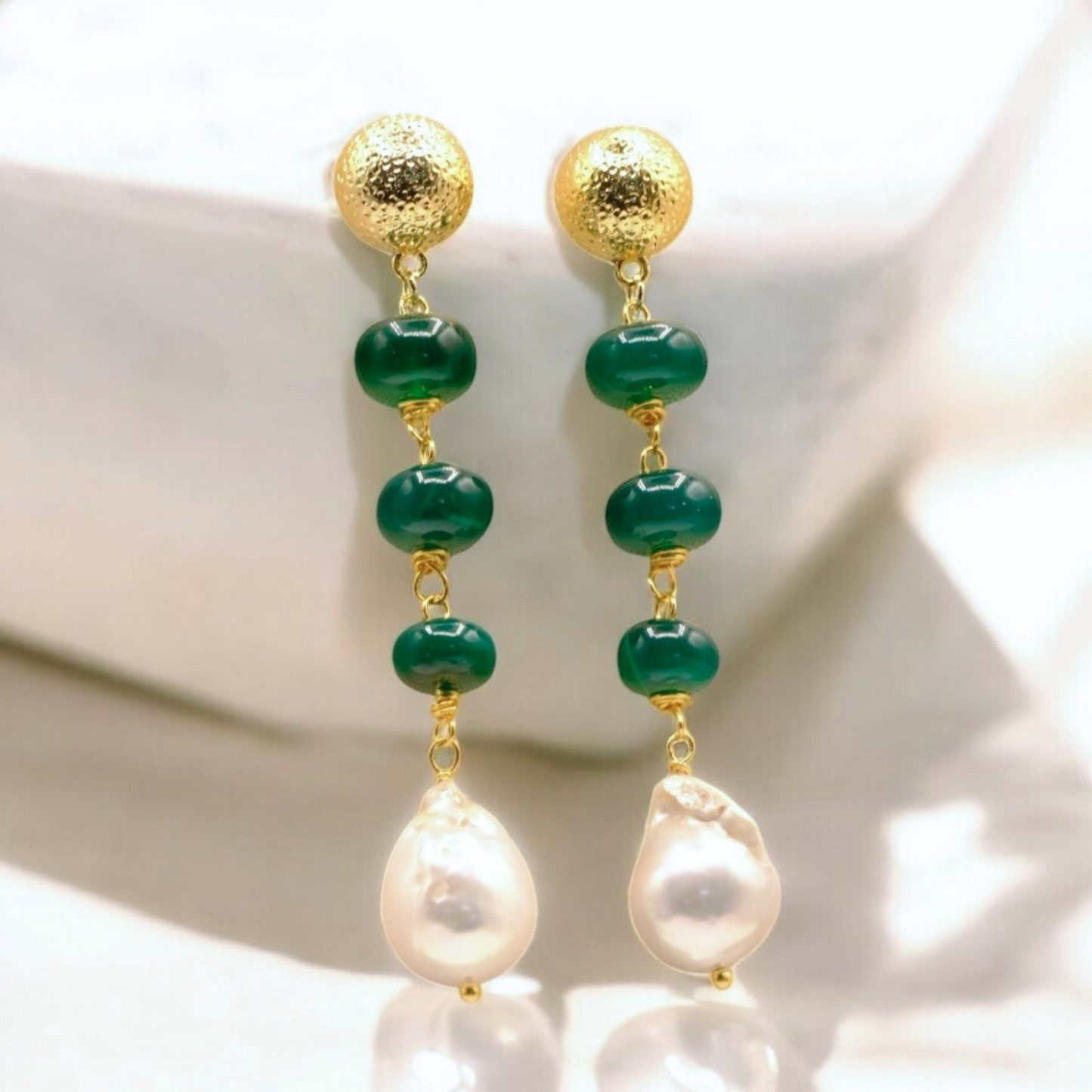 Green Onyx & Baroque Pearl Dangle Earrings