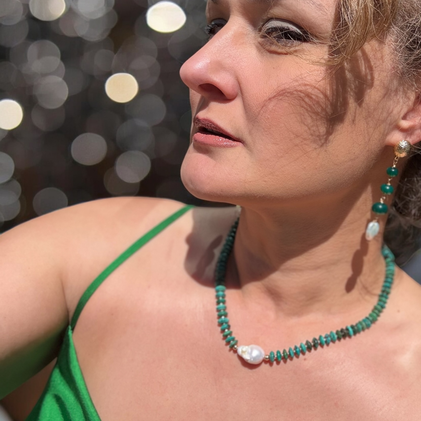 Green Onyx & Baroque Pearl Dangle Earrings