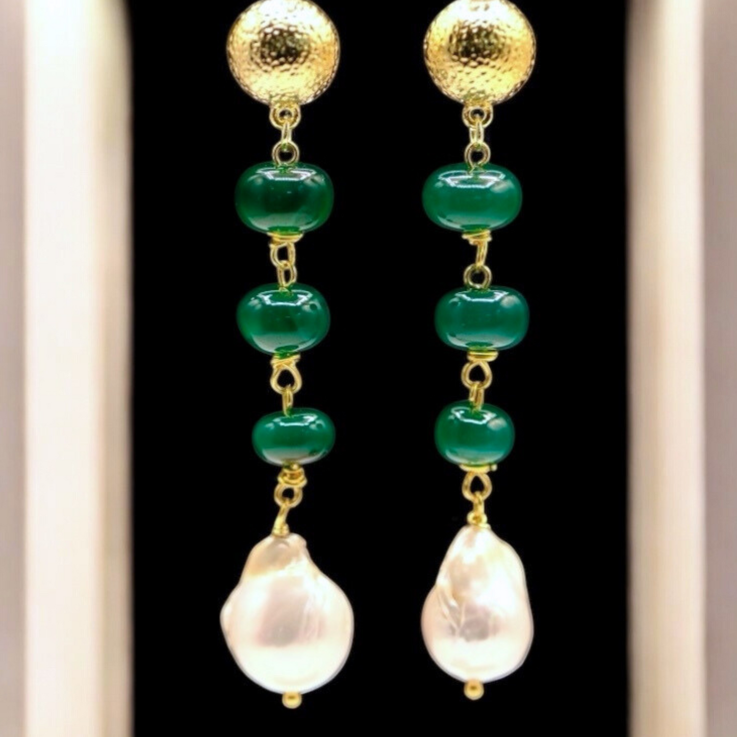 Green Onyx & Baroque Pearl Dangle Earrings