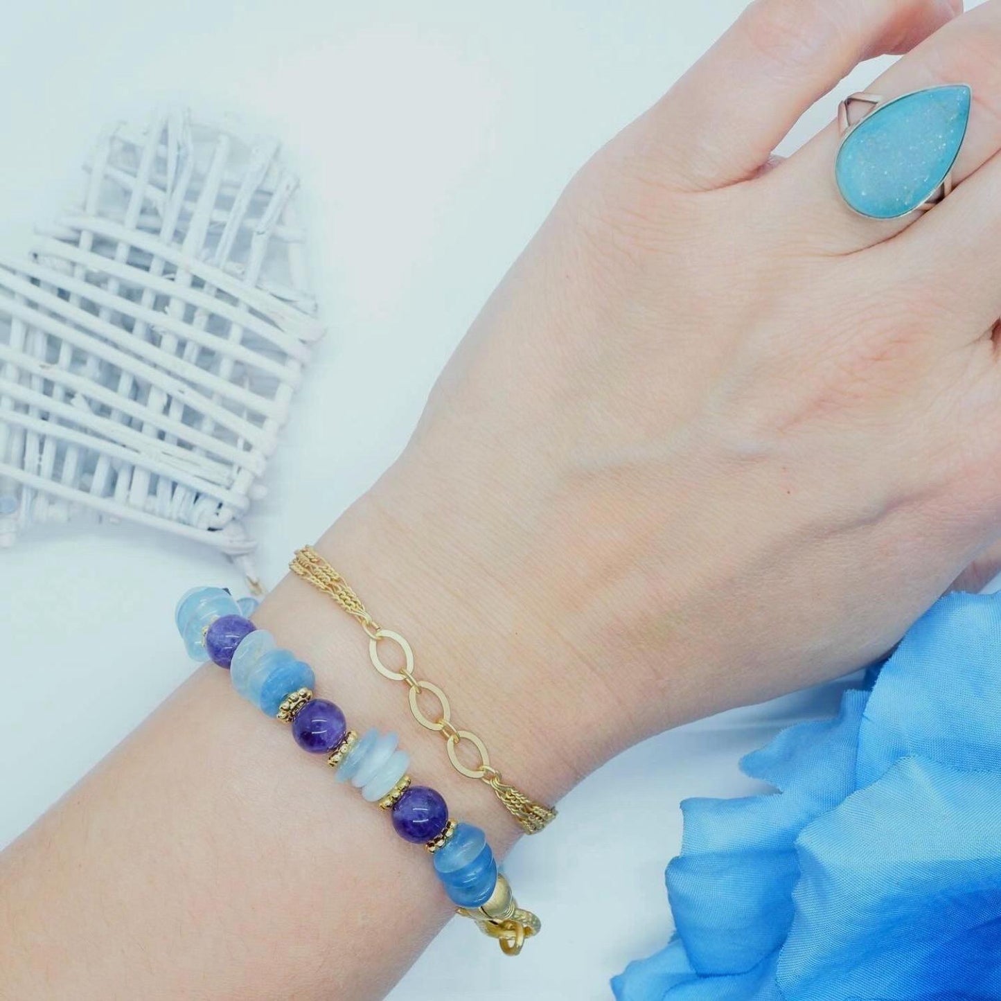 Boho Chic Aquamarine and Amethyst Bracelet, March Birthstone, Pisces Crystals, Perfect Gift for Mom, Women