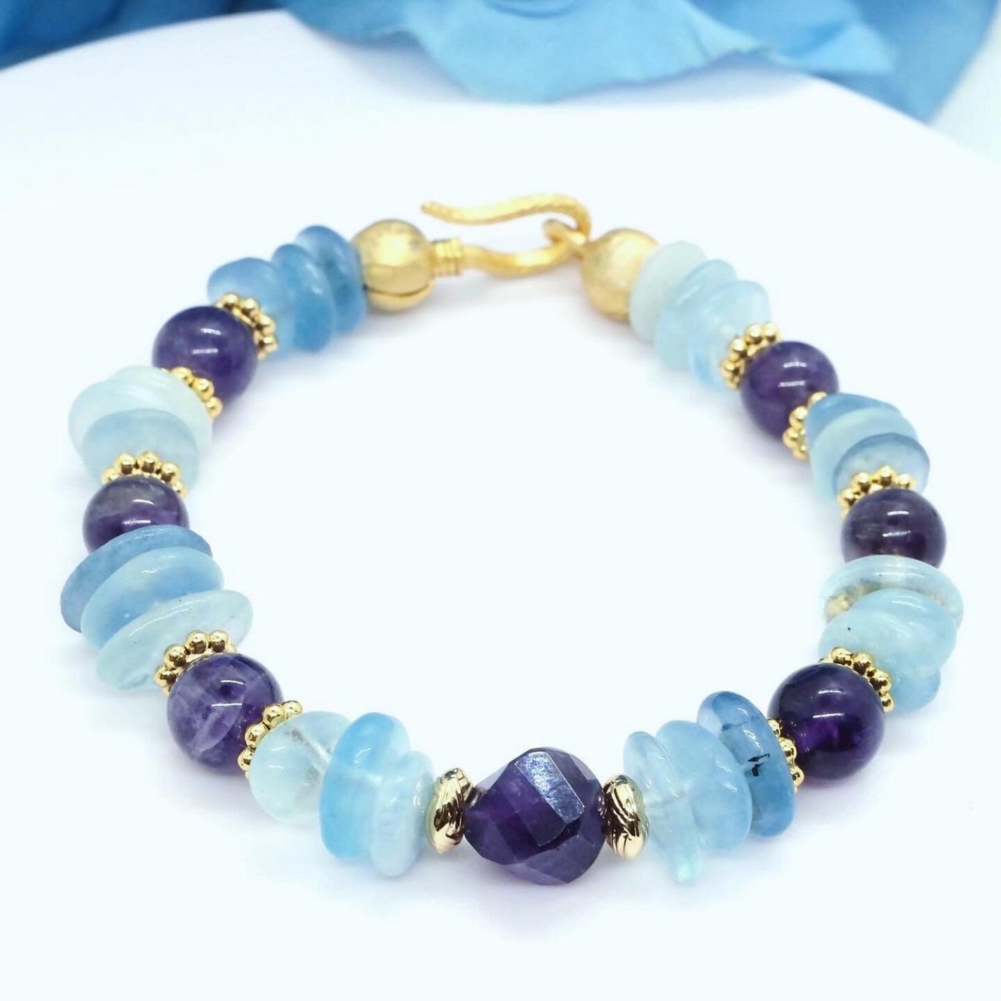 Boho Chic Aquamarine and Amethyst Bracelet, March Birthstone, Pisces Crystals, Perfect Gift for Mom, Women