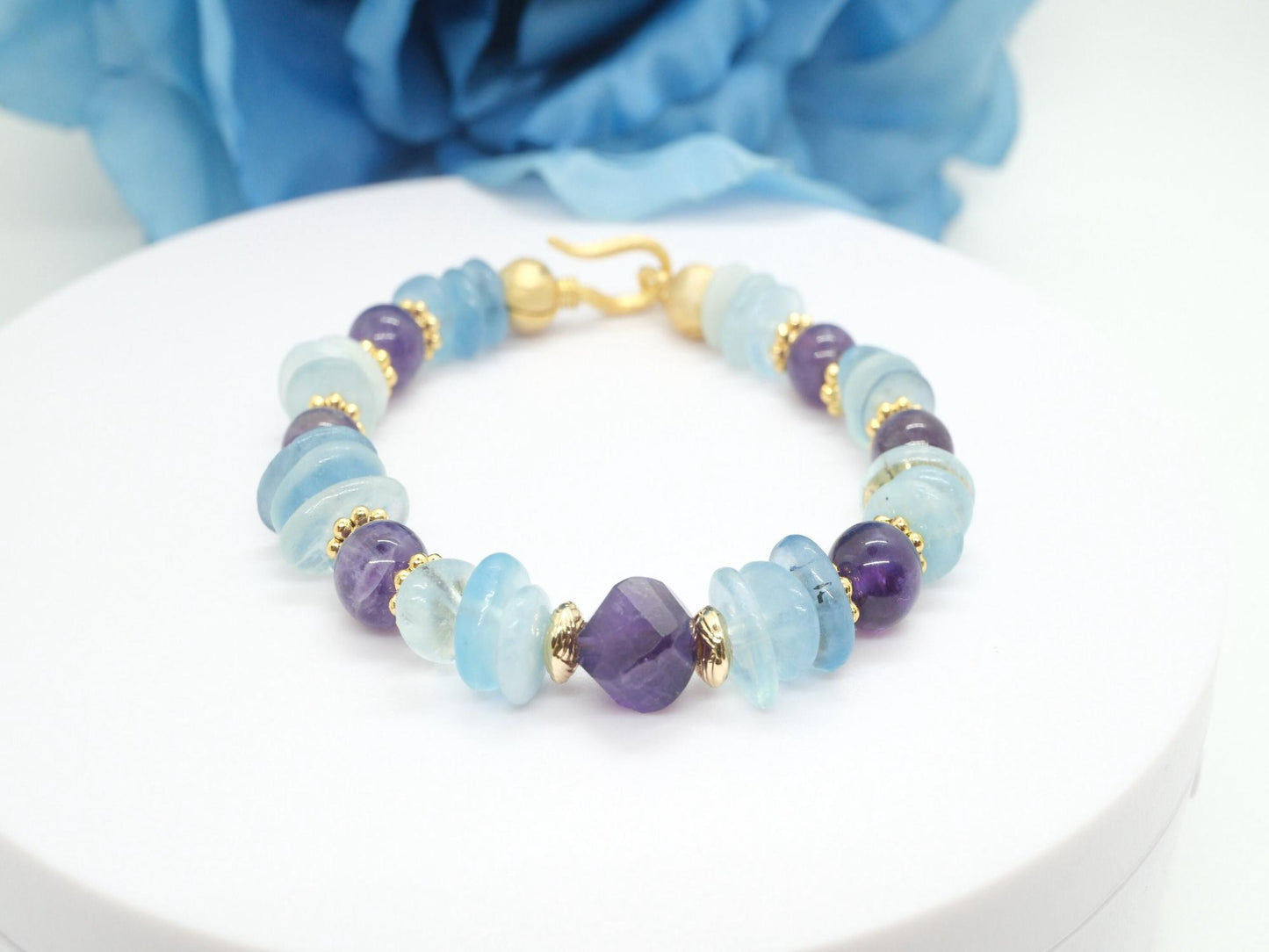 Boho Chic Aquamarine and Amethyst Bracelet, March Birthstone, Pisces Crystals, Perfect Gift for Mom, Women