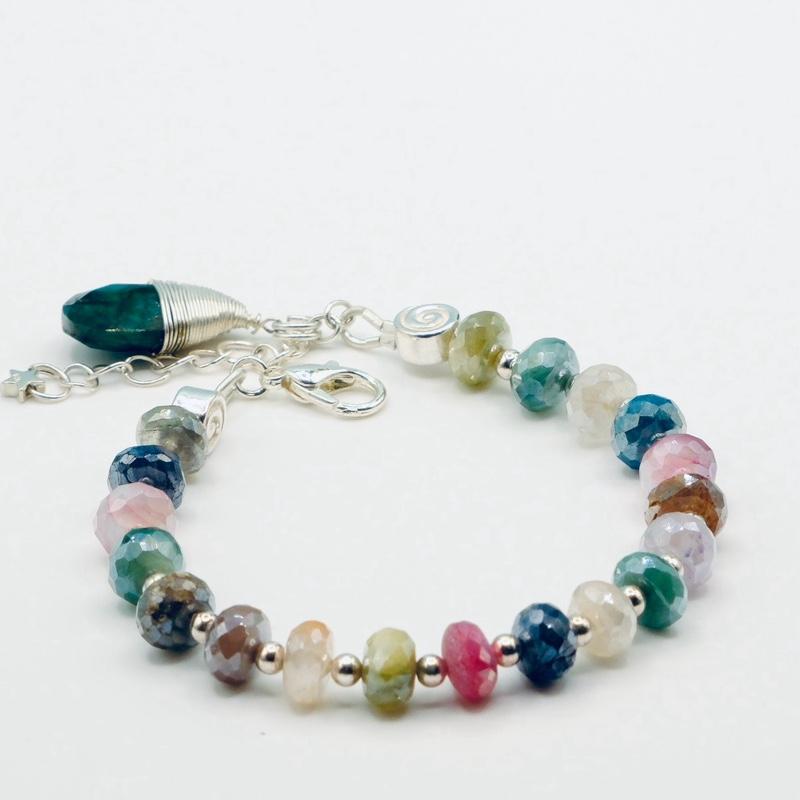 Moonstone Bracelet - 925 Sterling Silver with Mixed Color Beads and Decorative Elements