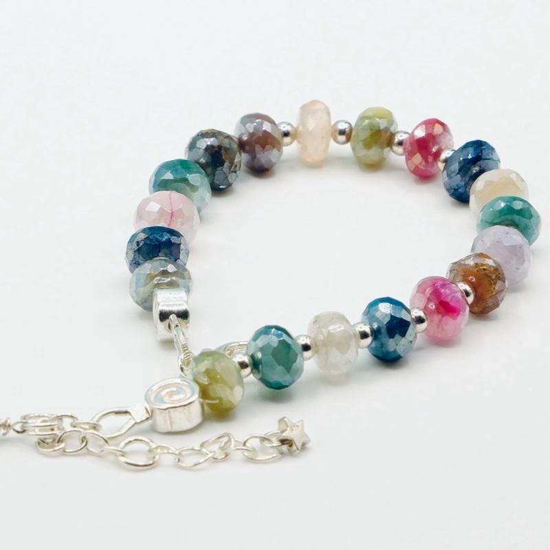 Moonstone Bracelet - 925 Sterling Silver with Mixed Color Beads and Decorative Elements