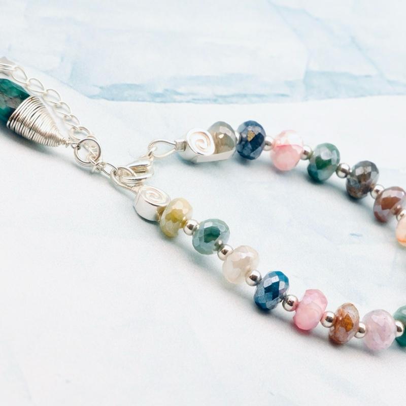 Moonstone Bracelet - 925 Sterling Silver with Mixed Color Beads and Decorative Elements