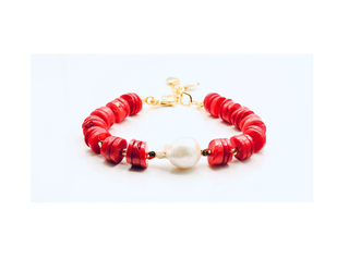 Bold Love Bracelet with Red Bamboo Coral & Baroque Pearl