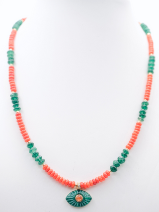 Orange Coral & Green Aventurine Evil Eye Pendant Choker Necklace