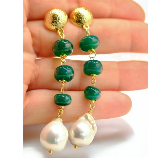 Green Onyx & Baroque Pearl Dangle Earrings