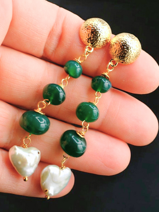 Green Onyx & Freshwater Pearl Heart Dangle Earrings