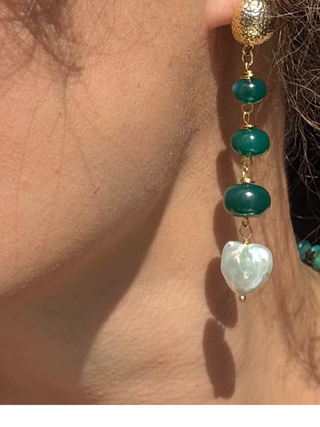 Green Onyx & Freshwater Pearl Heart Dangle Earrings
