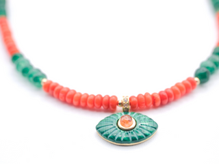 Orange Coral & Green Aventurine Evil Eye Pendant Choker Necklace