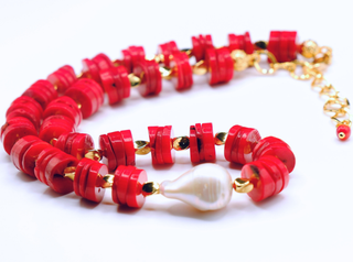 Red Bamboo Coral & Baroque Pearl Necklace