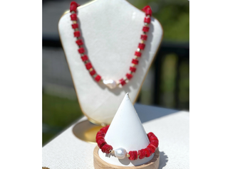 Red Bamboo Coral & Baroque Pearl Necklace